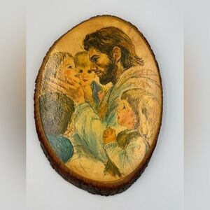 Vintage Jesus Children Wood Slice Wall Plaque Rustic Christian Decor
